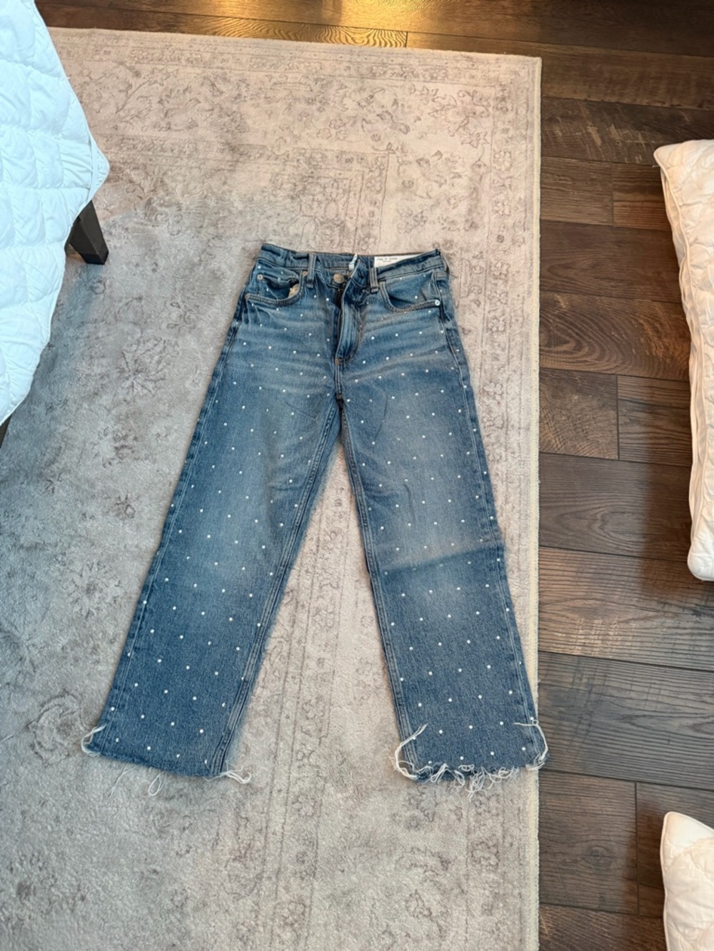 rag & bone Blue Straight-Leg Jeans with rhinestone. I did cut an inch off